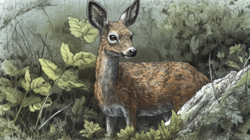 Drawing of a young roe deer in the woods