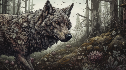 Drawing of a wolf in the woods