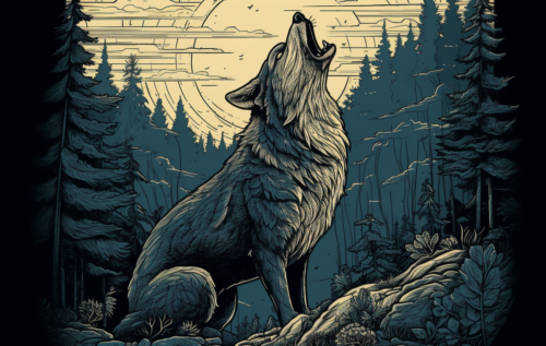Drawing of a howling wolf in the forest