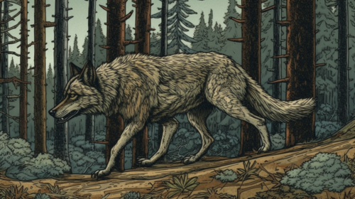 Drawing of a wolf walking through the forest